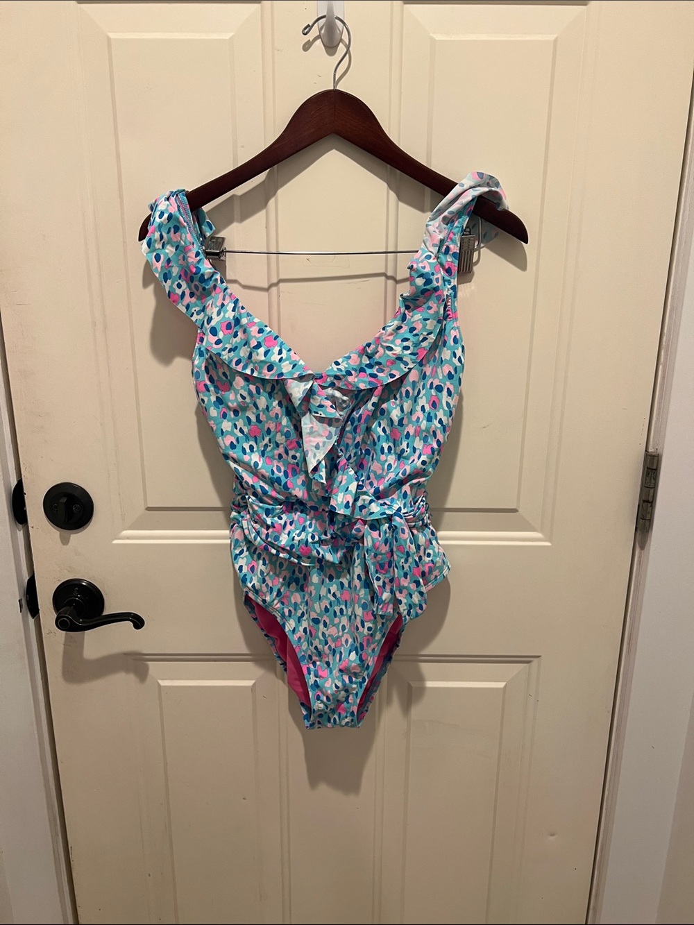 Lilly Pulitzer Aqua Multi-Color Ruffle One-Piece Swimsuit wrap suit size 8